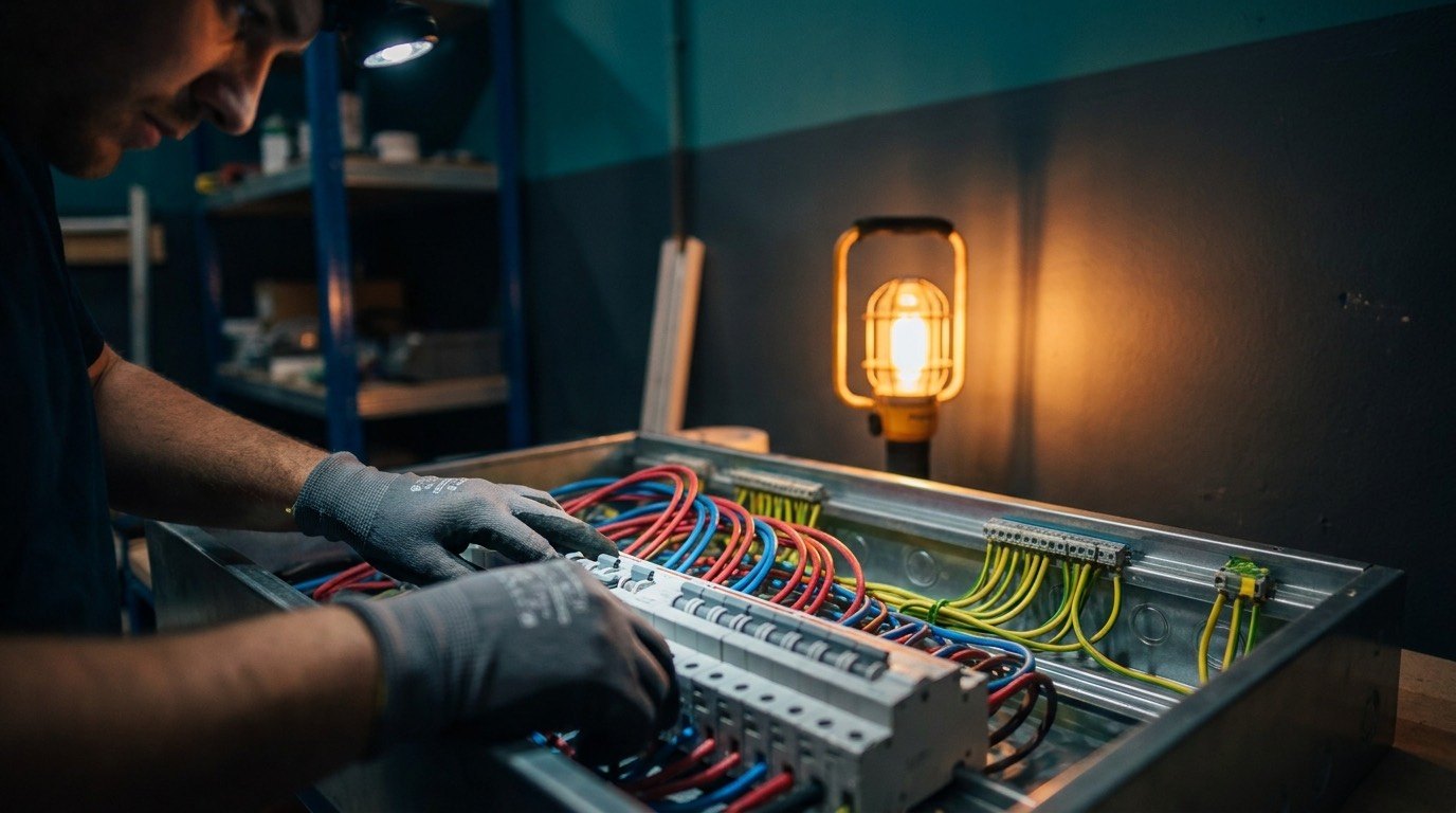 Gloved hands working inside an open switchboard