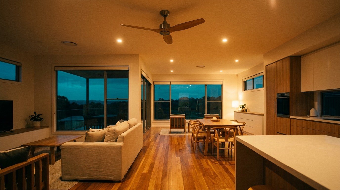 A living room with a ceiling fan and warm evening light