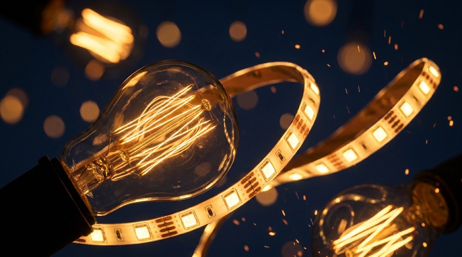 Filament bulbs and LED strip glowing against a dark background