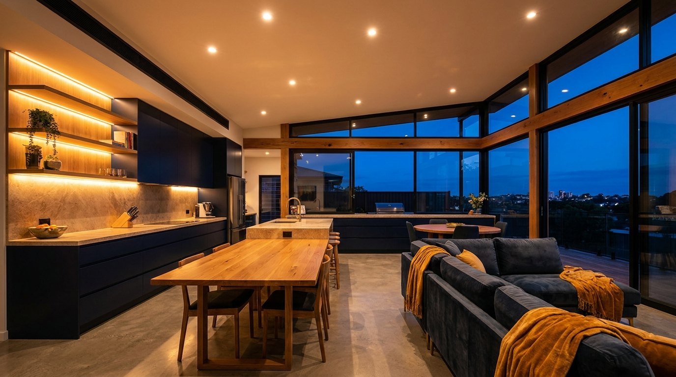 A modern kitchen lit with integrated LED lighting