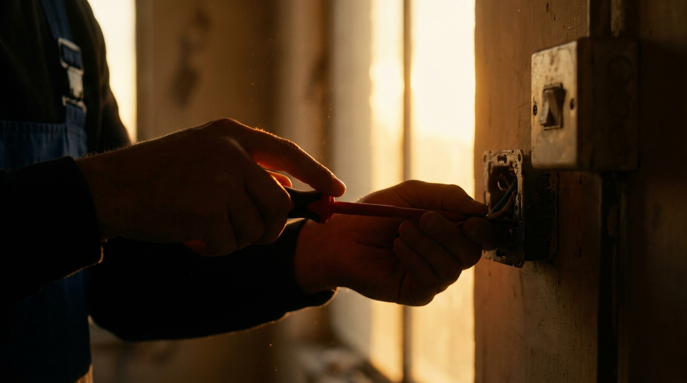 Hands wiring a light switch in warm evening light