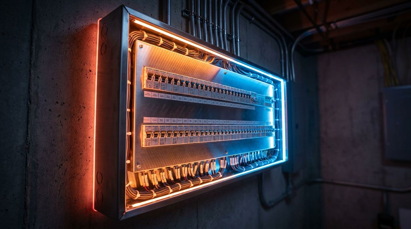 An electrical switchboard lit by live blue current