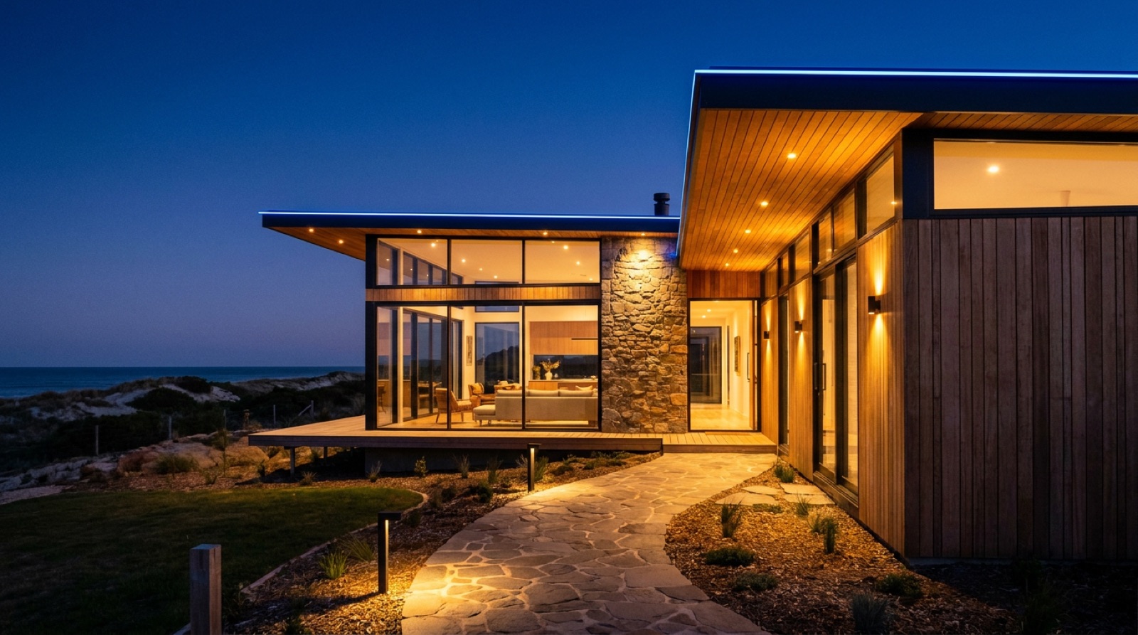 A modern home at dusk with the lights on