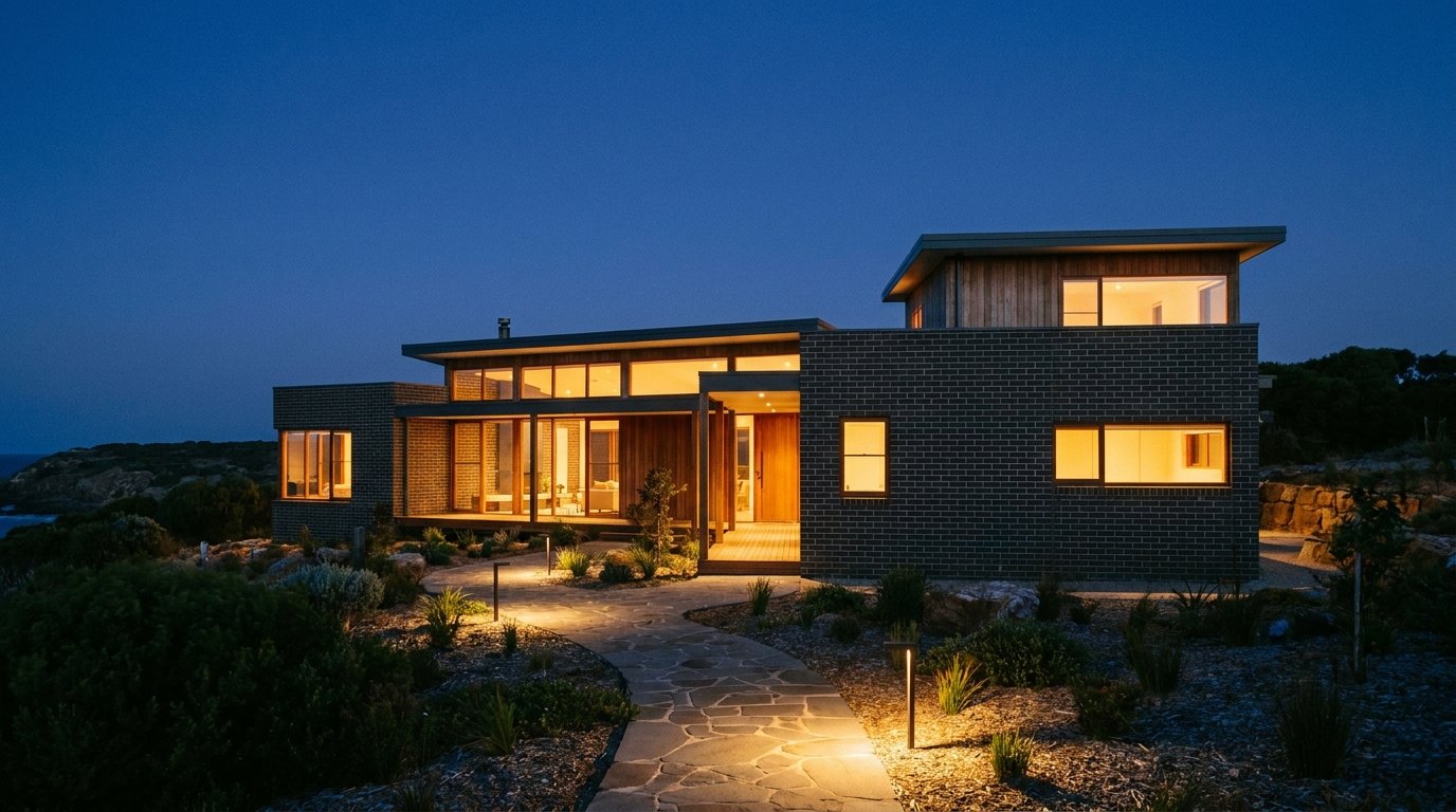 A modern home lit up in the evening