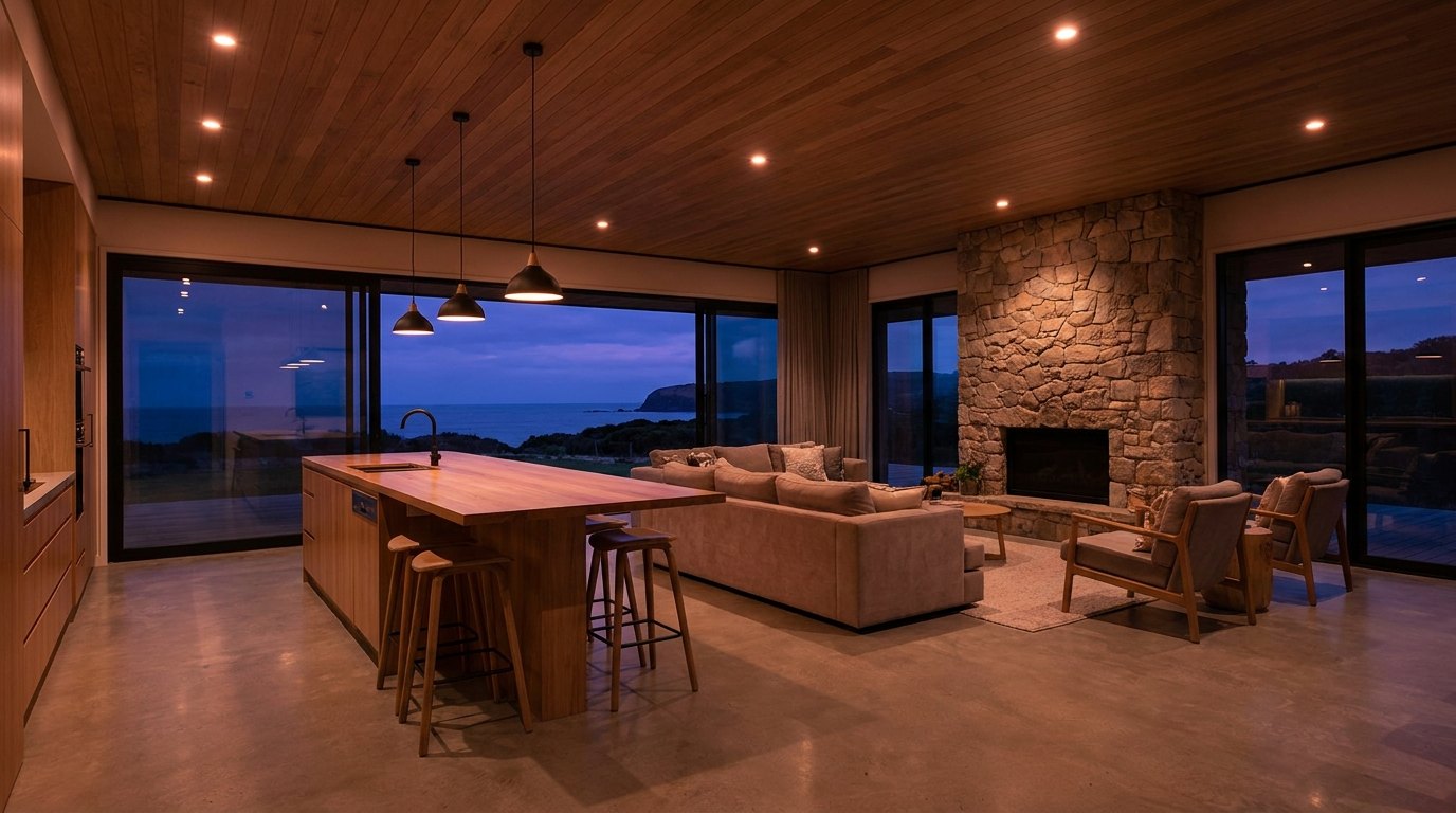 A home interior lit by downlights