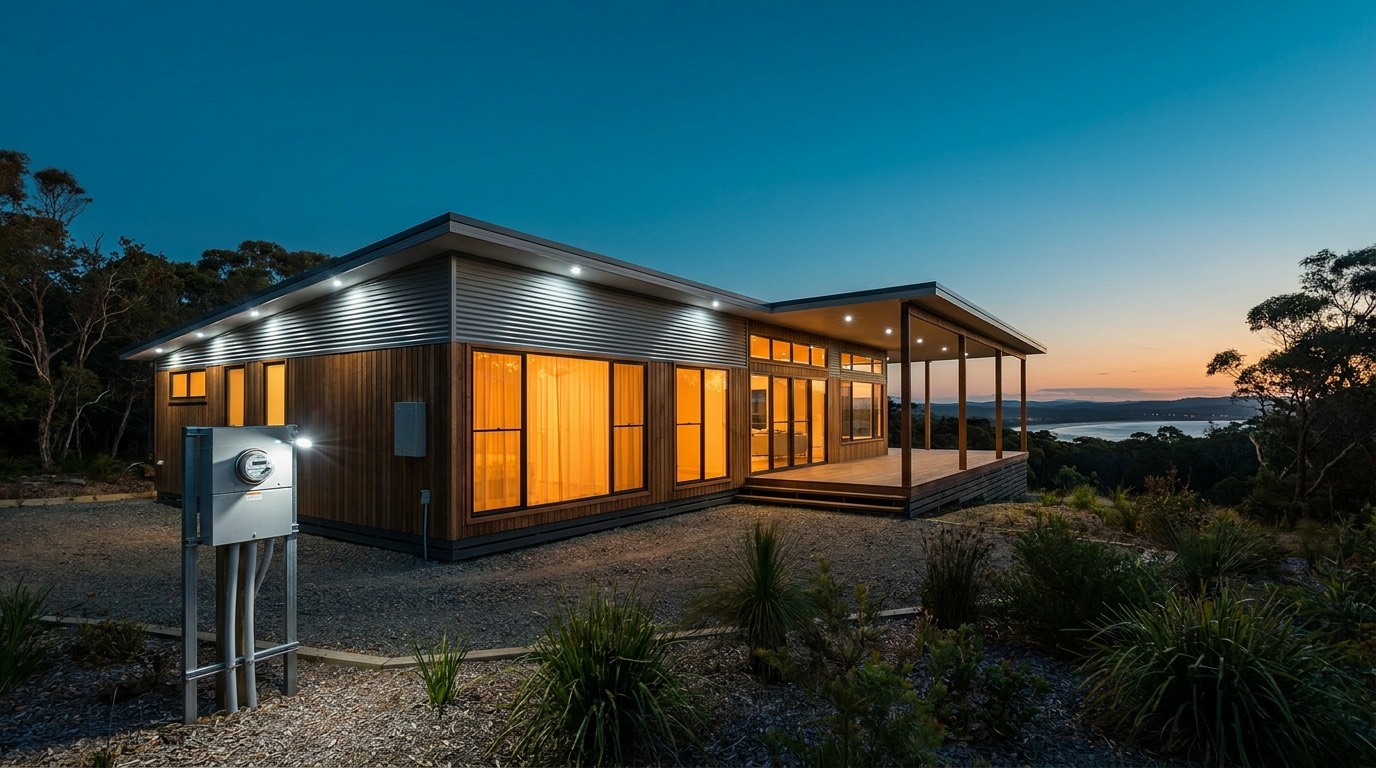 A modern home lit up at dusk