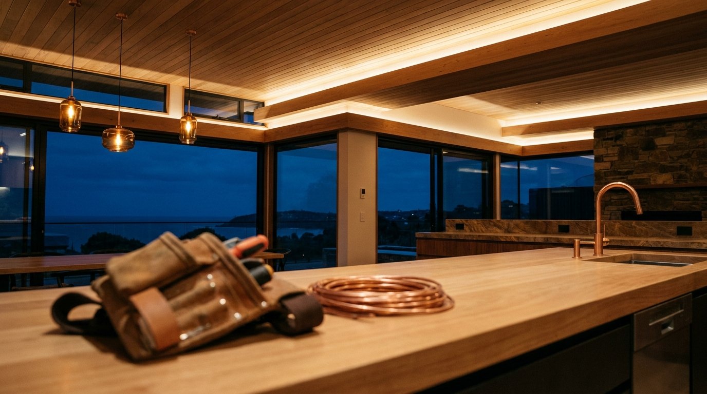 Warm pendant lighting in a home interior