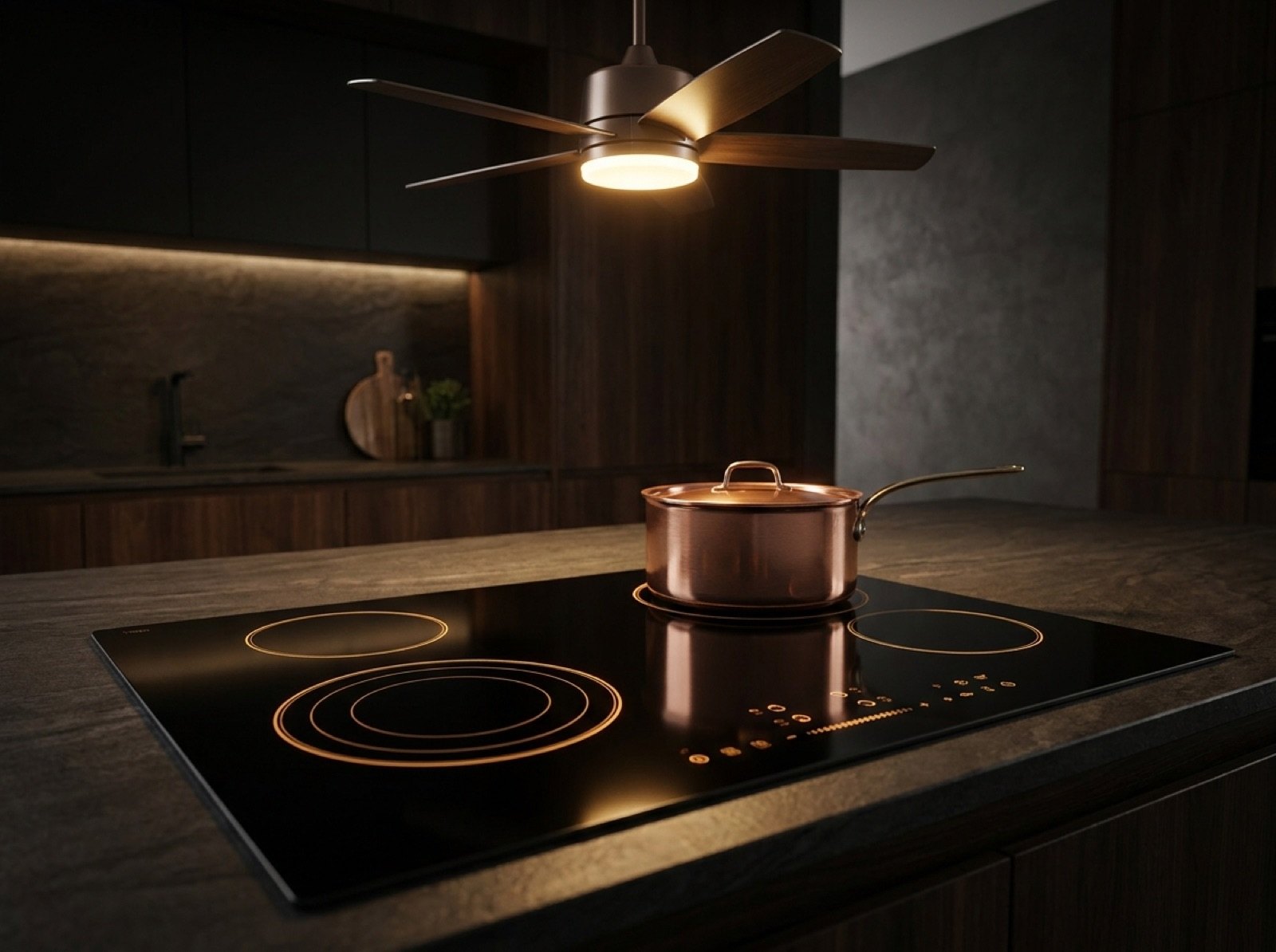 A cooktop and ceiling fan in a finished kitchen